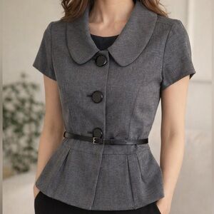 VTG Chaus Short Sleeve Peplum Blazer Jacket Gray Button Front Belted Sz 12P